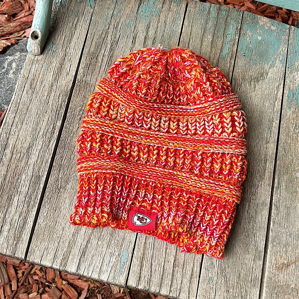 KC Chiefs Red & Gold Crochet Beanie Hat with Ponytail Hole Top